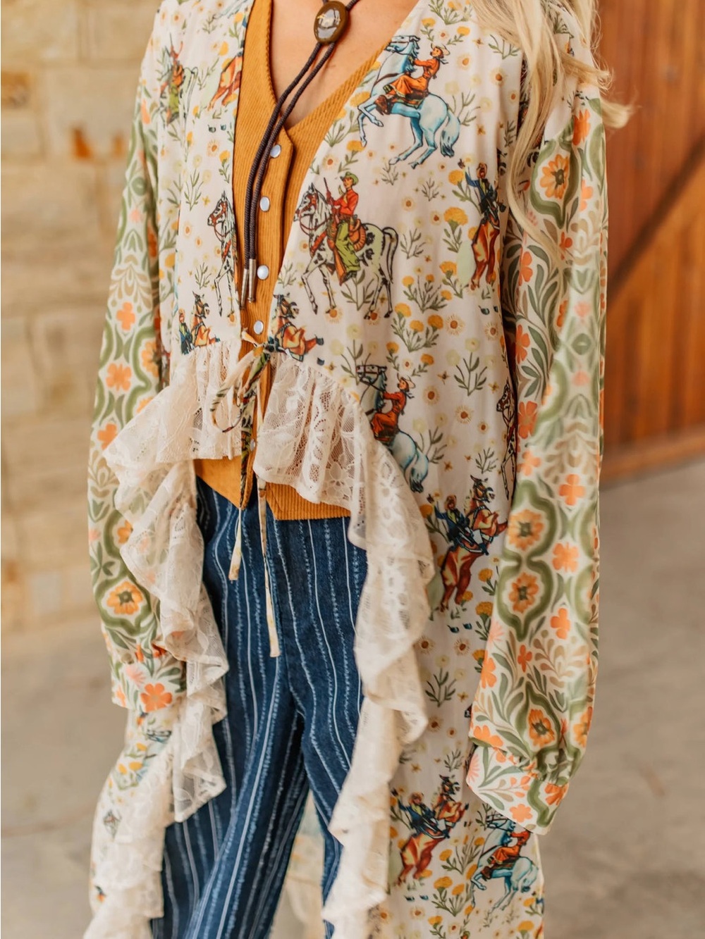 Floral & Cowboy Print Lace-Trim Duster - Cream & Green